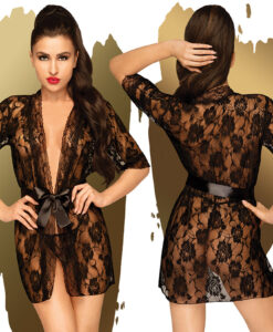 Penthouse Sweet Retreat Lace Kimono Robe With Thong-Black X-Large