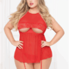 Mesh & Lace Babydoll W/open Underwire Cup & Gartered Thong Red Qn