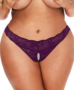 Sk Lace and Pearl Crotchless Thong Pur Q