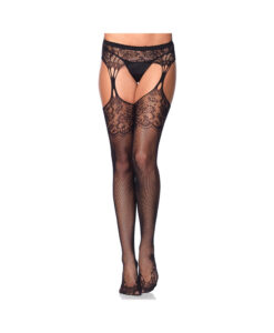Lace Top Fishnet Stocking Cuban Heel & Tear Drop Garterbelt O/S Black